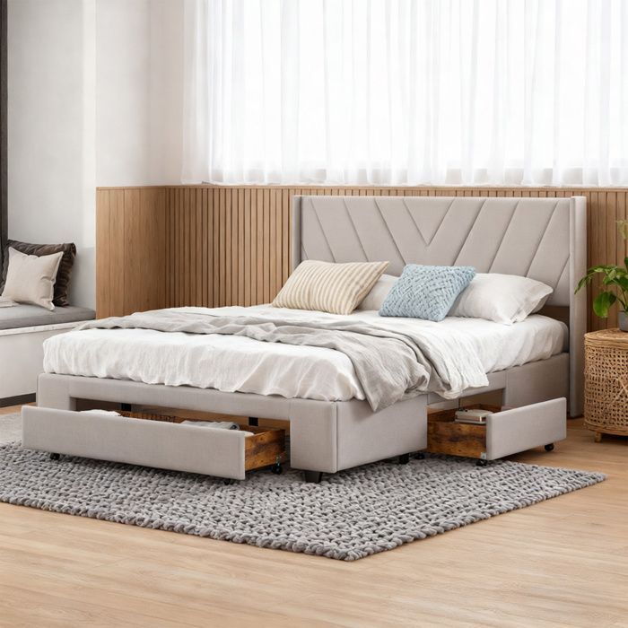 Cama de 140x190 cm, estampado de líneas, estilo minimalista moderno, cama para adultos, estructura de cama doble de 140x190 cm, lino, beige
