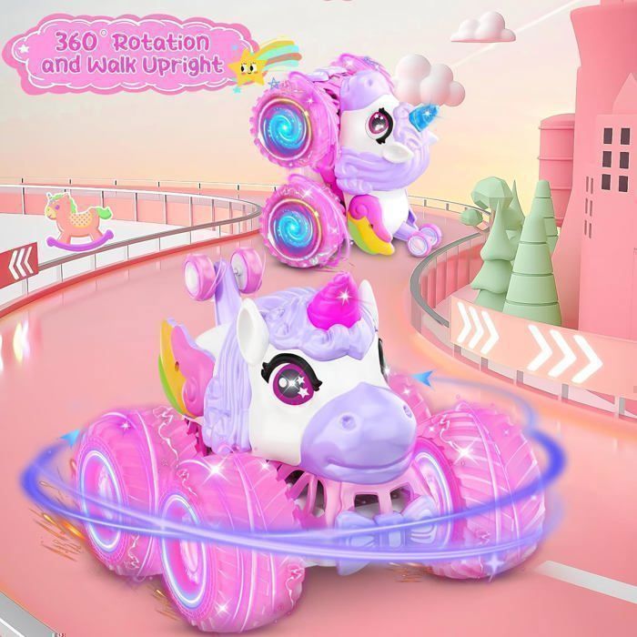 Coche teledirigido Unicornio para niñas, vehículo todoterreno RC recargable con luces LED y música, acrobacias de 360° - 17*17*15,5 cm