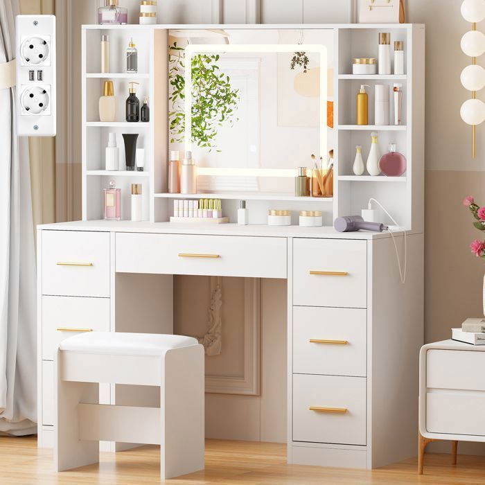 Coiffeuse Grande avec Miroir et Tabouret, LED Réglable, Prise et Port USB, 7 Tiroirs de Rangement, Blanc