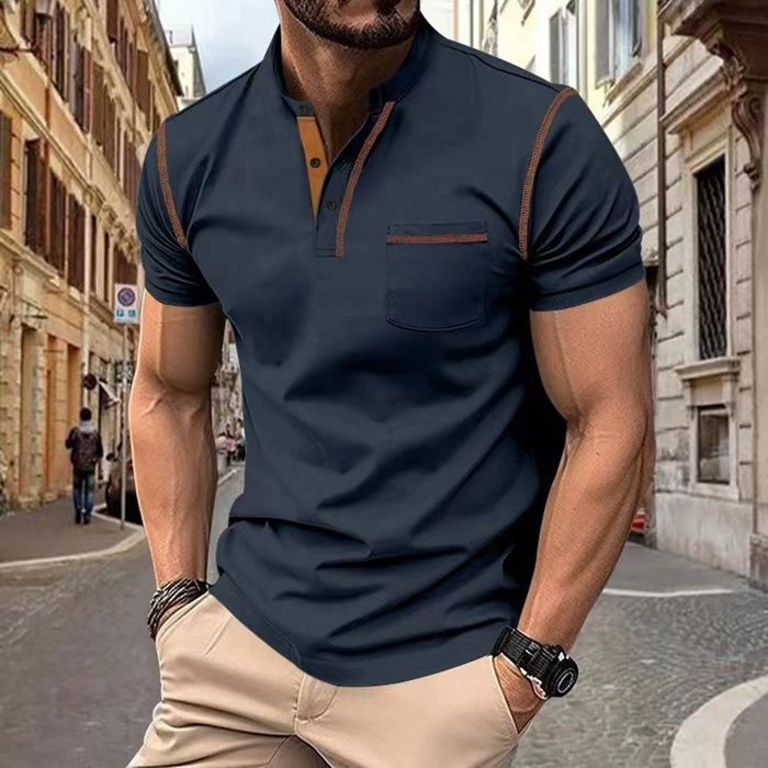 Men's Polo Shirt, Casual Men's Summer Button-Down Polo Shirt, Men's Short Sleeve Sport Regular Fit Polo Shirt - Navy Blue