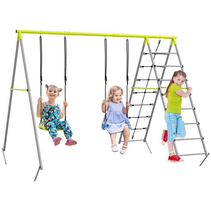 Balançoire portique pour enfant - Outsunny - 2 agrès - échelle grimpeuse et filet d'escalade - Métal - 260x185x180cm - Vert