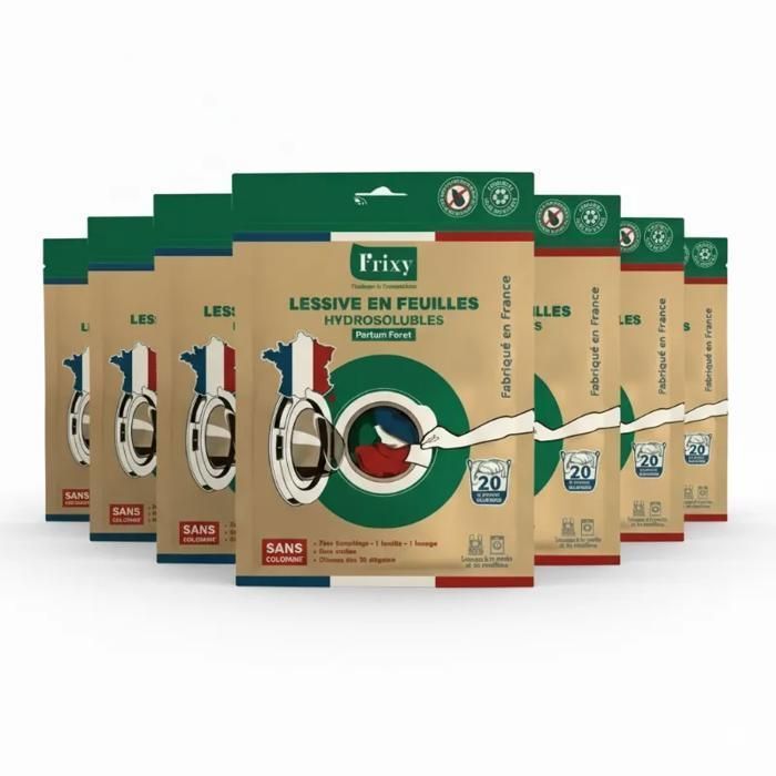 Frixy - Pack 7 sachets (140 lavages) - Feuilles de Lessive hydrosolubles parfum forêt (Sachet de 20 Feuilles) - Fabriqué en France
