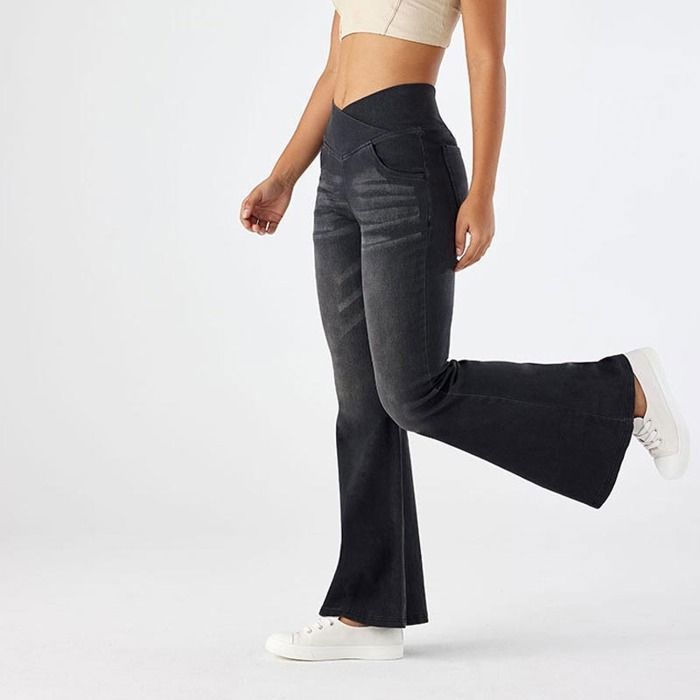 Jeans Femme Bootcut Taille Haute Élastique Pantalon en Denim Évasé Croisé en V Effet Amincissant Avec Poches - Gris Foncé