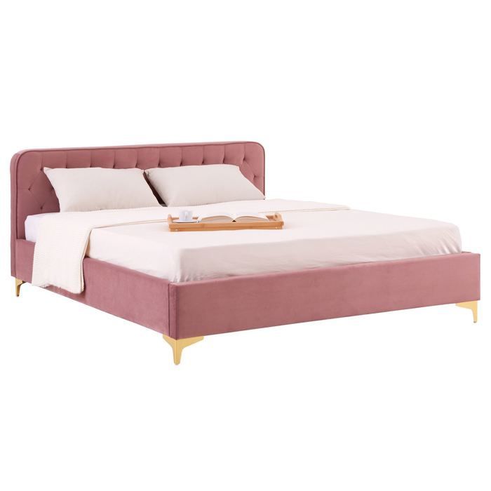 GLAMOUR tweepersoonsbed, slaapoppervlak 140x190 cm, met lattenbodem en gouden metalen poten, barokstijl, bekleed met roze getuft fluweel