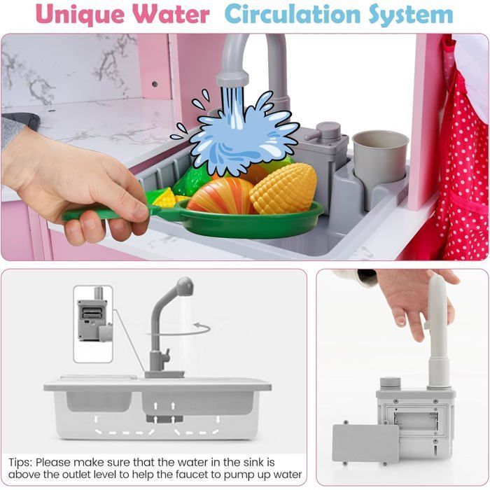 GOPLUS Cuisine d'angle pour Enfant en Bois avec Lumières et Sons Réalistes, Accessoires et Rangement, pour 3+ Ans (Rose)