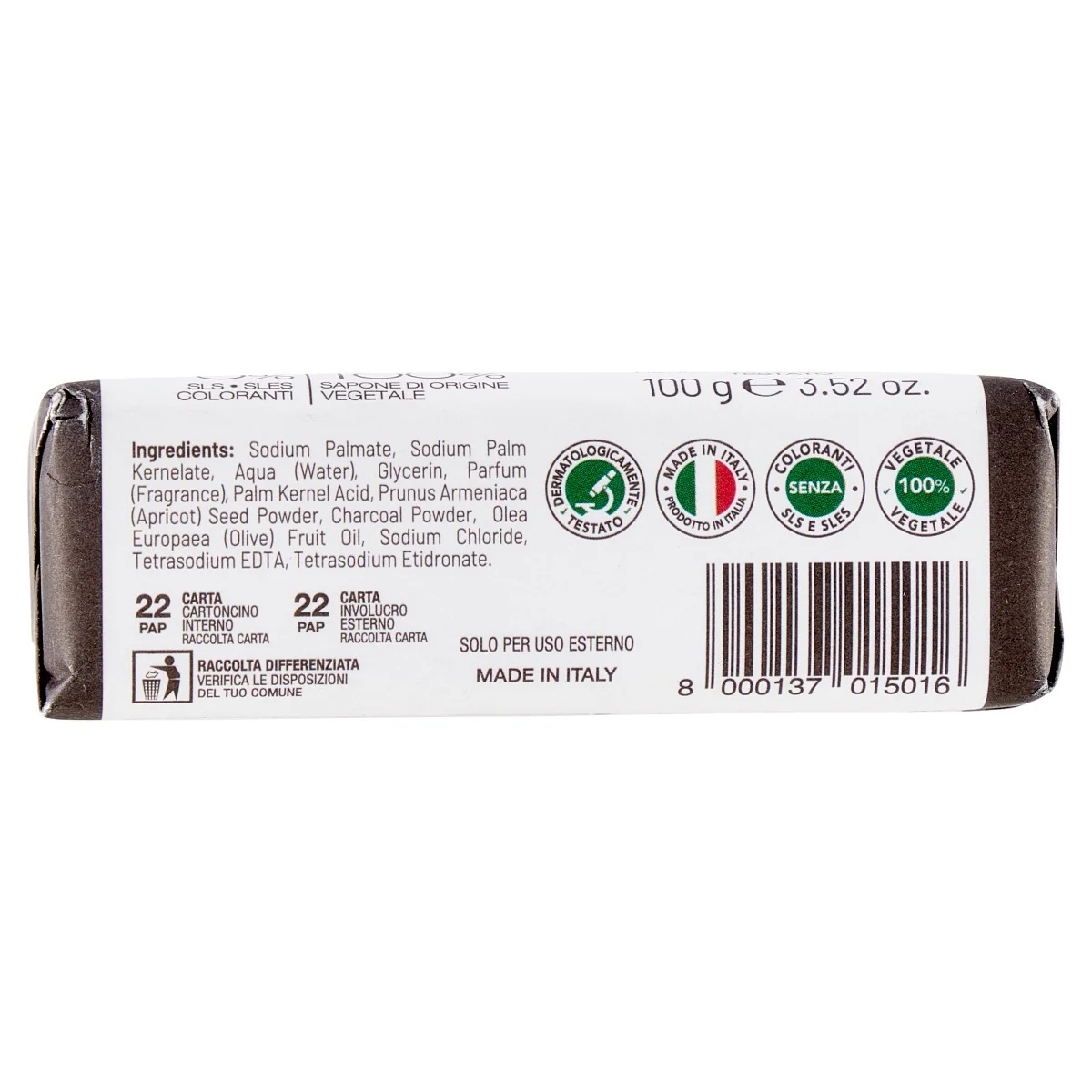 Equilibra zeep met actieve kool, 100 g, zonder parabenen.