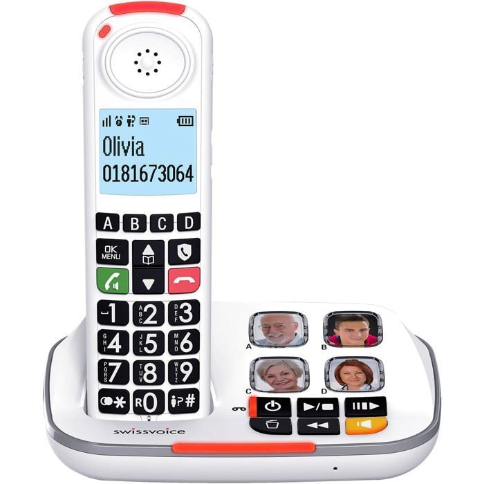 Teléfono fijo inalámbrico con botones grandes - SVATV - Contestador automático de 30 minutos - Amplificación de audio de 40 dB - Tonos de llamada de 90 dB