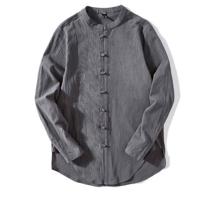 Blusa Tang de Kung Fu para hombre - FUNMOON - Lino de manga 3/4 - Azul claro - Cuello mandarín