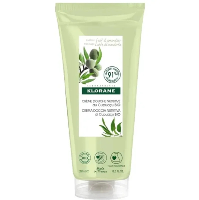 Creme de Banho Klorane com Leite de Amêndoas e Manteiga de Cupuaçu Orgânica 200 ml. Rico efeito de limpeza e suavização.