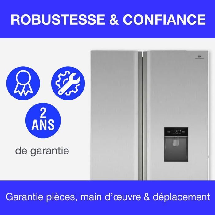 Réfrigérateur américain - CONTINENTAL EDISON - CERA505NFIXD - 503 L - Total No Frost (Sans givre) - Classe D - L92 x H177 cm - Inox