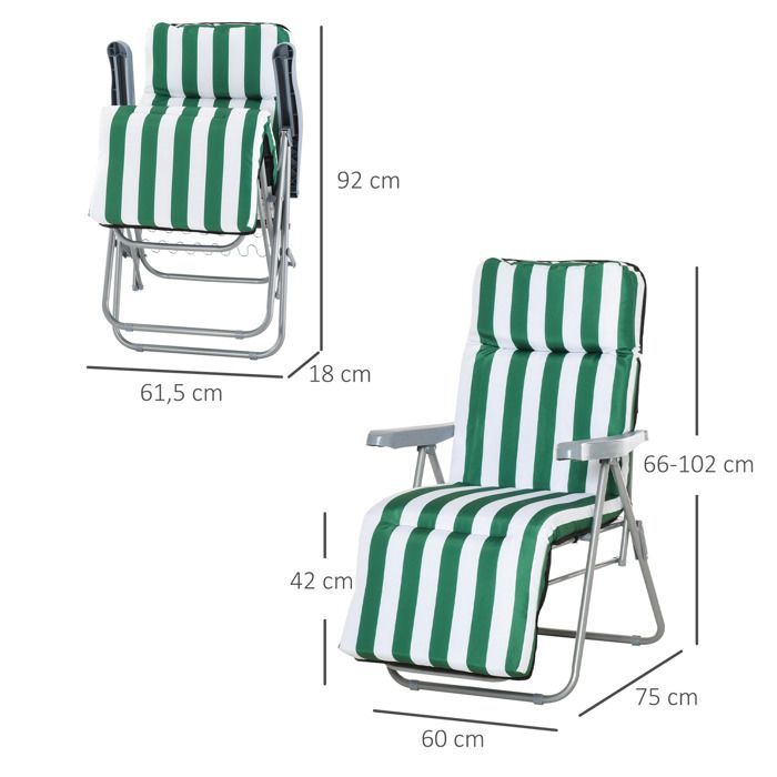 Set of 2 sun loungers - Outsunny - sunbed - adjustable folding deckchair - garden bed - steel - green + white