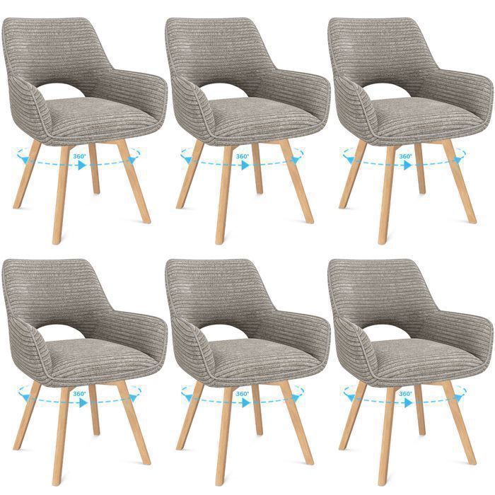 WAFTING Lot de 6 Chaises de Salle à Manger, Fauteuil Pivotantes avec Accoudoirs, Rembourrées avec Dossier en Velours,Bois