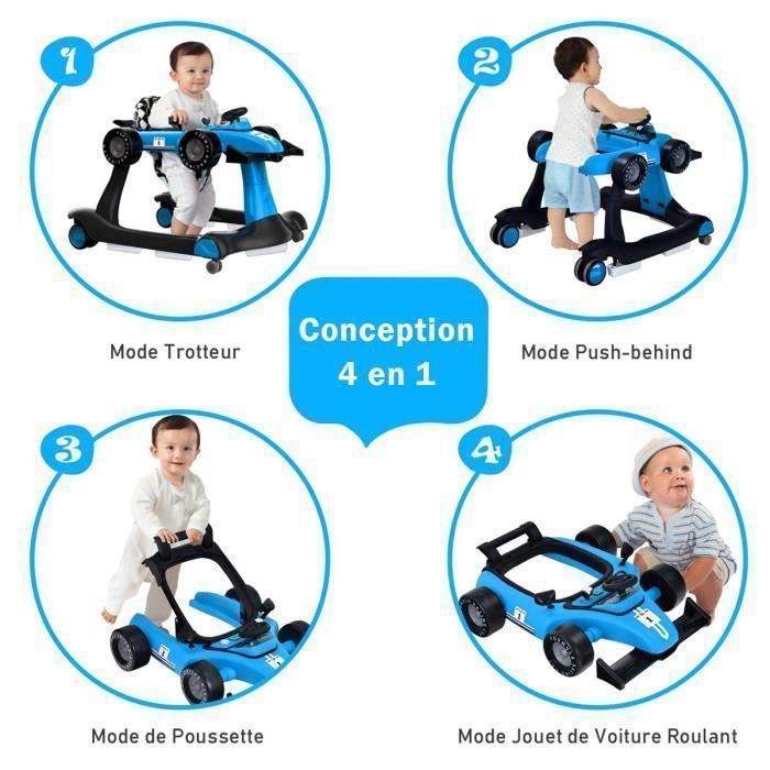 Andador plegable 4 en 1 para bebés COSTWAY - Altura y velocidad ajustables - Caja de música con luz - 6-18 meses - Ruedas silenciosas - Azul