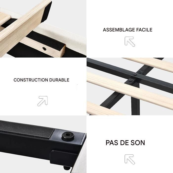 Lit double 140x190 cm - SUNFECILI - Beige - Avec LED et USB - Tissu en lin - Charge 300 kg