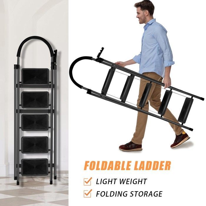 MIPAN. Escalera plegable de 5 peldaños con plataforma antideslizante - Escalera de acero estable - Máx.: 150 kg - Negra