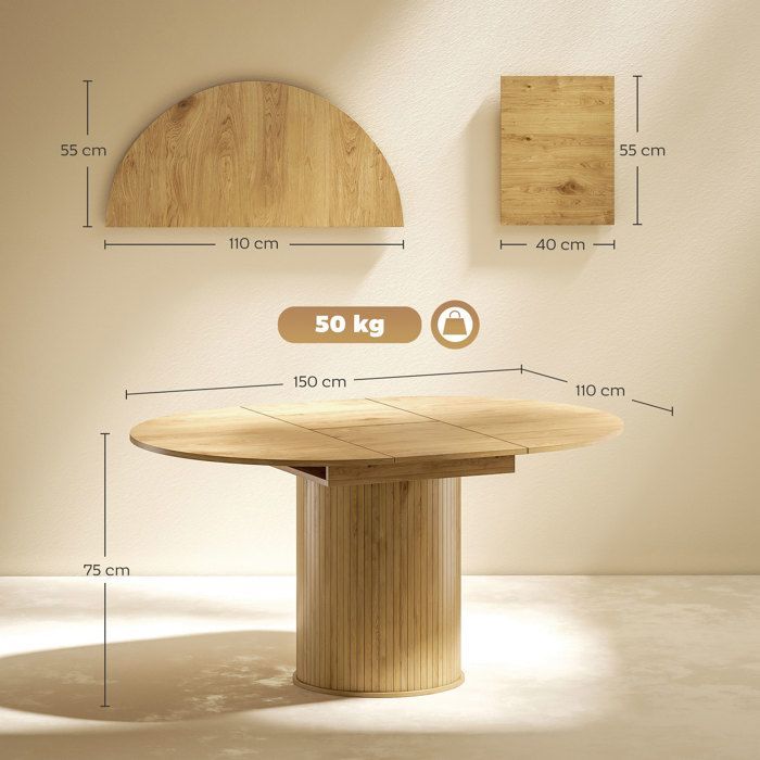 Table à manger extensible, table de cuisine, pour 6 à 8 personnes, 110-150 x 75 cm, effet bois naturel