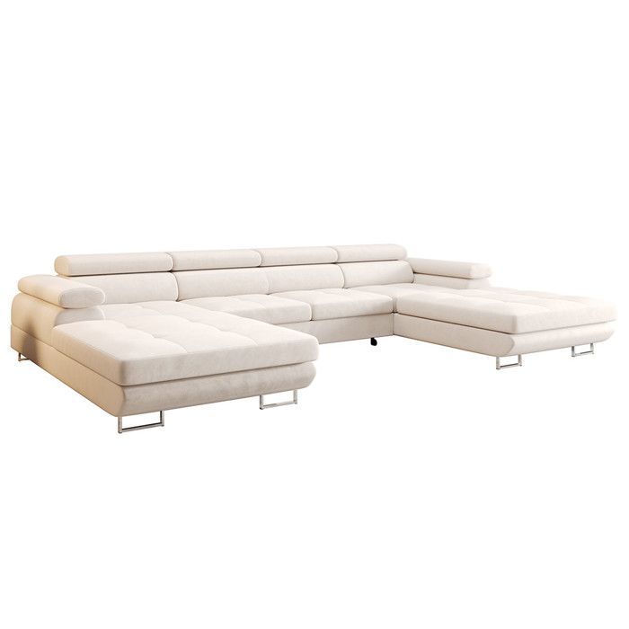 Ayden - Canapé panoramique en U 7 places convertible avec coffre et têtières réglables en tissu - Beige