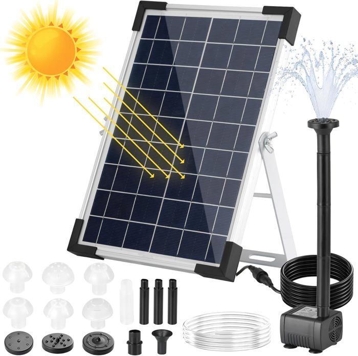 Fuente solar de 9V/5W y 250L/h, bomba de agua solar, con manguera de agua de 1 m, cable de 3,25 m, 9 boquillas, bomba solar para estanques.