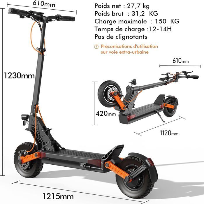 JOYOR S8S - Trottinette électrique - Deux moteurs 1200W - batterie 48V 26Ah - Max 55km/h - Autonomie 75km -10'' pneus  - Noir