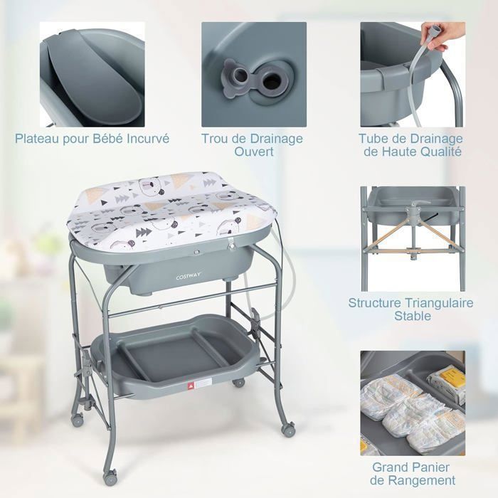 Cambiador plegable 4 en 1 para bebés COSTWAY con bañera (20 L) - 4 ruedas, manguera de 1 m, bandeja de almacenamiento, cojín de PVC impermeable - 35 kg - Gris