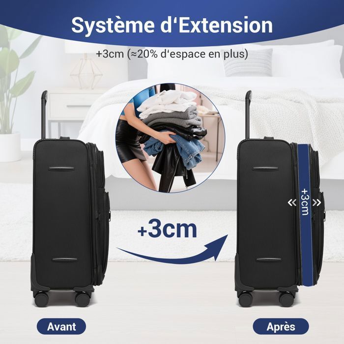 Grote incheckkoffer van British Traveller, 79,5 x 49,5 x 32,5 cm, uitbreidbaar, lichtgewicht handbagage met TSA-slot en 4 wielen, zwart.