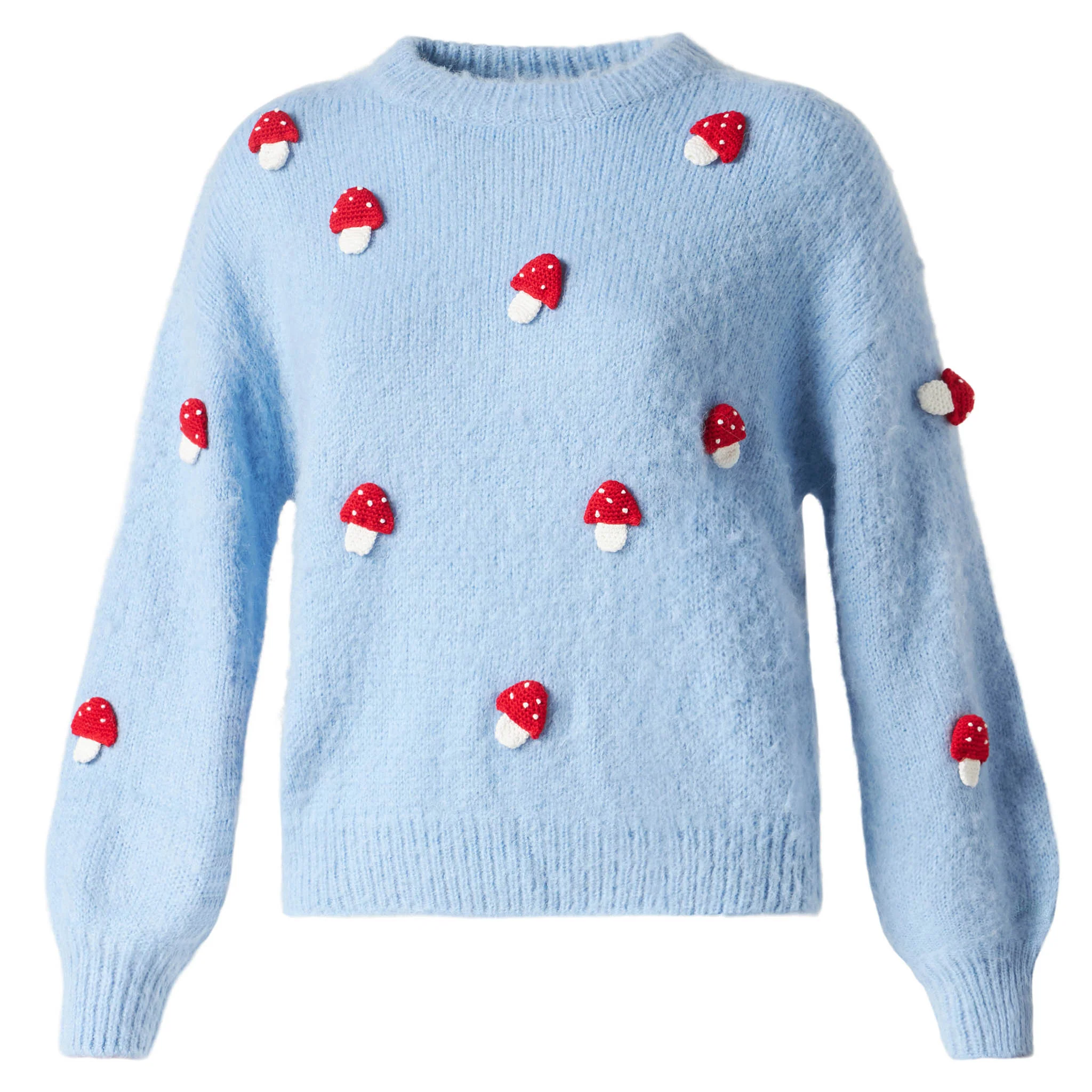 Suéter feminino de gola redonda escovada com aplique de cogumelo.