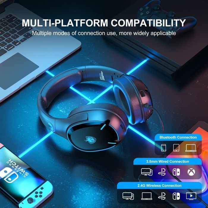 Casque sans fil Bluetooth 5.3 à double puce, microphone antibruit, lumière LED, pour PC/PS4/PS5/TV/Switch, noir