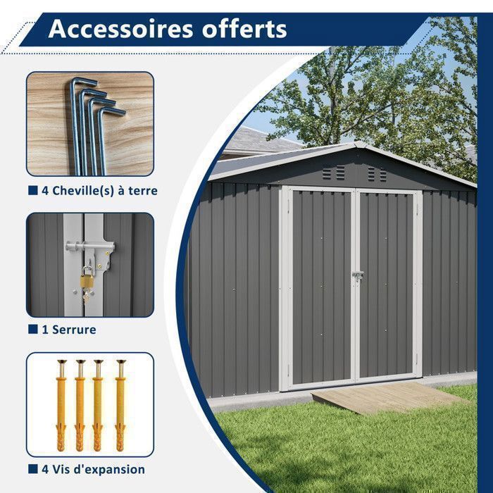 Caseta de jardín metálica Thanaddo de 14,4 m³, 300 x 252 x 191 cm, kit de anclaje incluido, 2 puertas con bisagras - Gris