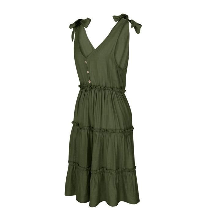 MOBIGARLAN Robe sur-plissée uni Bretelles pour Vêtements Vacances Vert Femmes