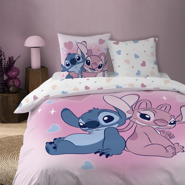 Printed double bed linen set, 100% cotton - DISNEY STITCH KISSES - Pink - 240x200cm + 2 pillowcases 63x63cm