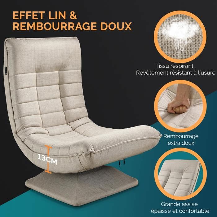 CASARIA® Fauteuil tout confort pivotant à 360° Crème capacité de charge de 150kg siège de gaming 58x57x84/87cm relaxation