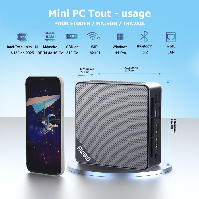 AWOW Mini PC W-11 Pro Twin Lake-N N150 neliydinsuoritin 3,60 GHz, 16 Gt:n DDR4 3200 MHz -levy, 512 Gt:n M.2 PCIE3.0 SSD