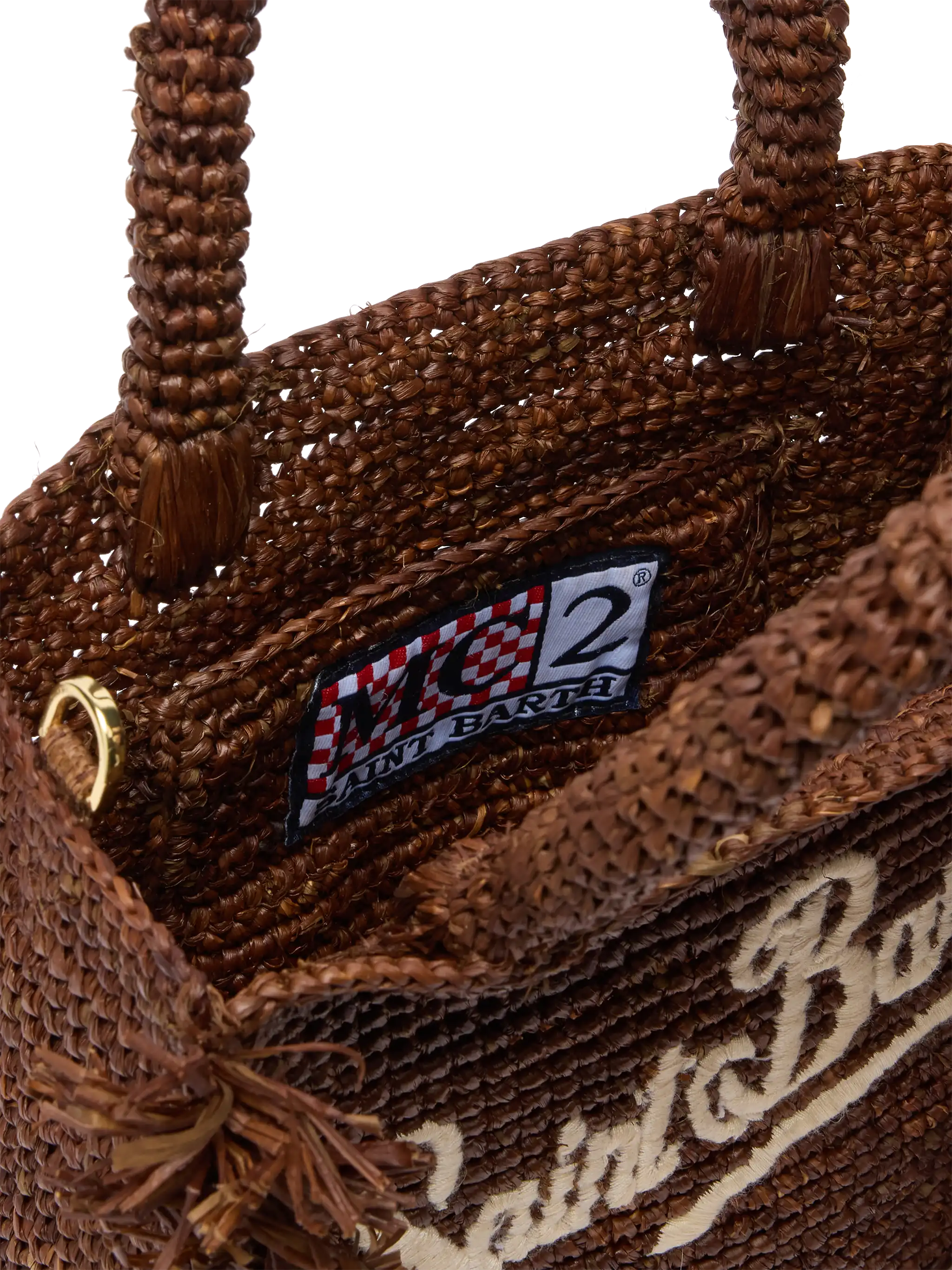 Mini bolsa de vaidade em ráfia com franjas Saint Barth e bordados.