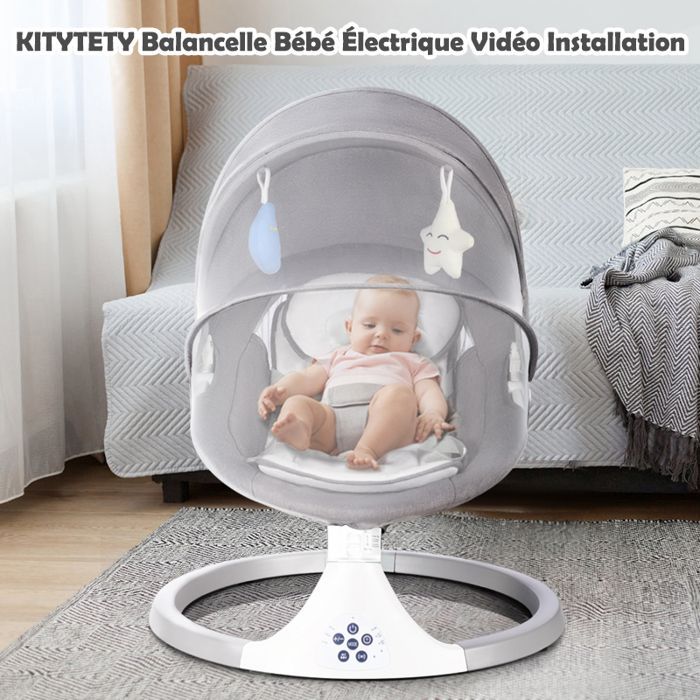 Columpio/hamaca eléctrico 3 en 1 para bebé con control remoto, mesa de comedor, 5 modos de balanceo, temporizador y música Bluetooth - Gris