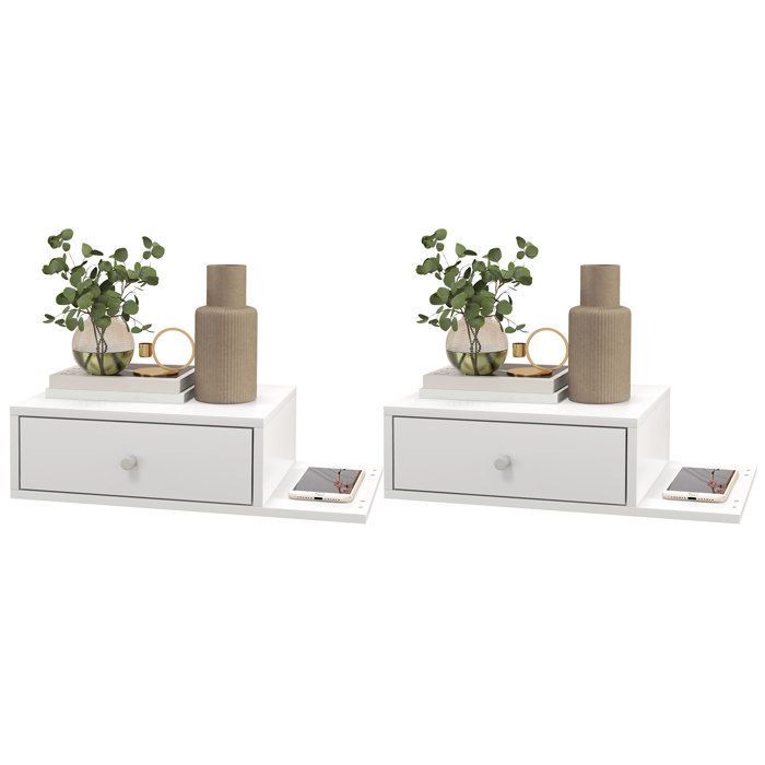 Juego de 2 mesitas de noche de pared - HOMCOM - juego de 2 mesitas de noche - estante lateral y cajón - 55 cm de ancho x 30 cm de profundidad x 15 cm de alto - MDF blanco