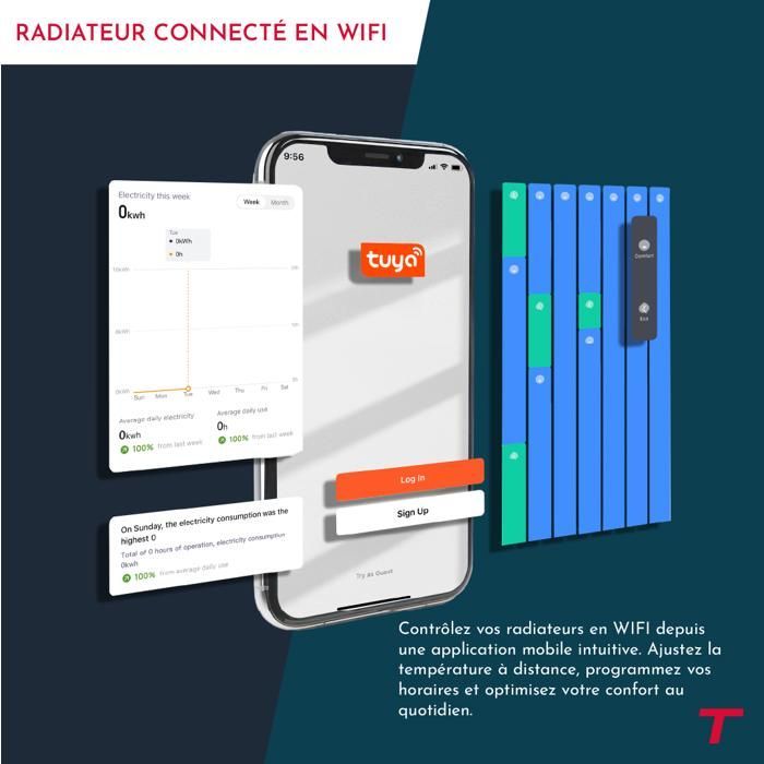 Radiateur électrique fixe inertie sèche - Double cœur de chauffe - THOMSON - MOLY 1000W - Connecté WiFi - horizontal blanc - NF