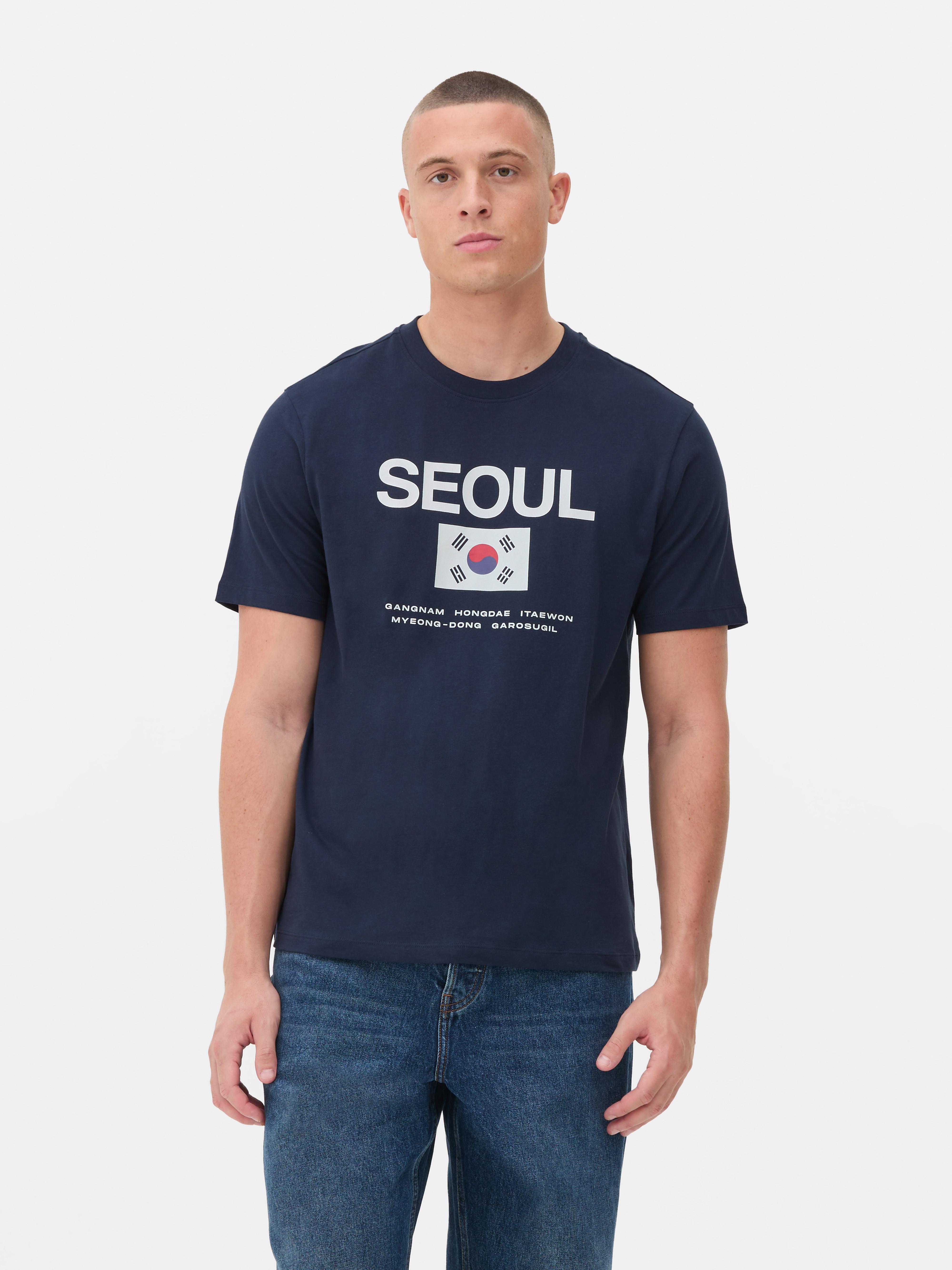 Seoul Print T-Shirt Dieses Rundhals-T-Shirt mit der südkoreanischen Flagge ist ein Must-have für lässige Looks.