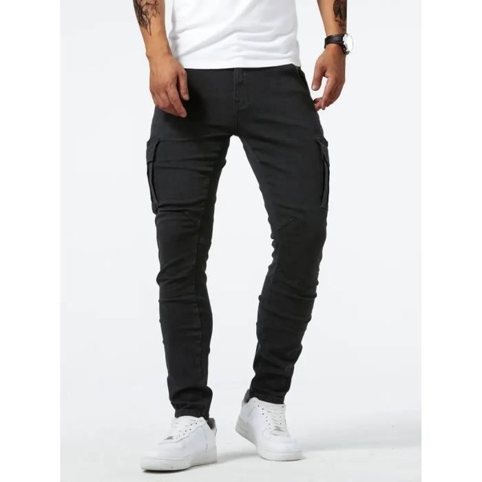Pantalones vaqueros cargo para hombre INSFITY - Corte ajustado, multibolsillos, color negro