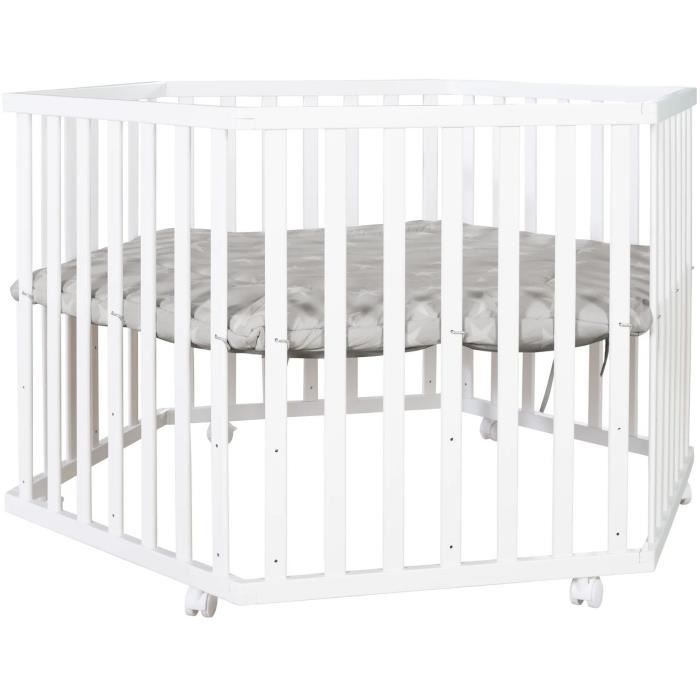 Box esagonale per bambini - ROBA - LITTLE STARS - Altezza regolabile - Rivestimento imbottito - Ruote con freno - Legno laccato bianco - Motivo a stelle