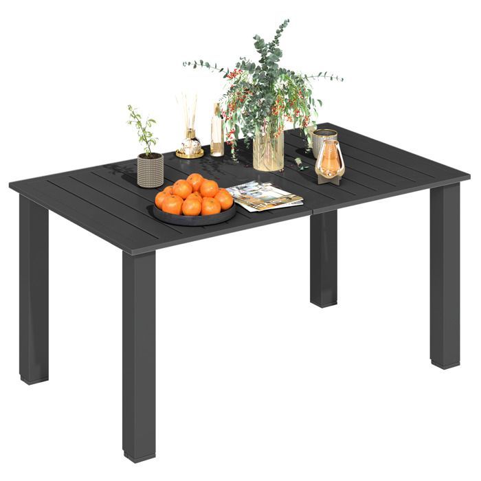 Table de jardin - Outsunny  - pour 4 à 6 personnes - avec trou pour parasol - plateau en métal à lattes, structure en acier - noir