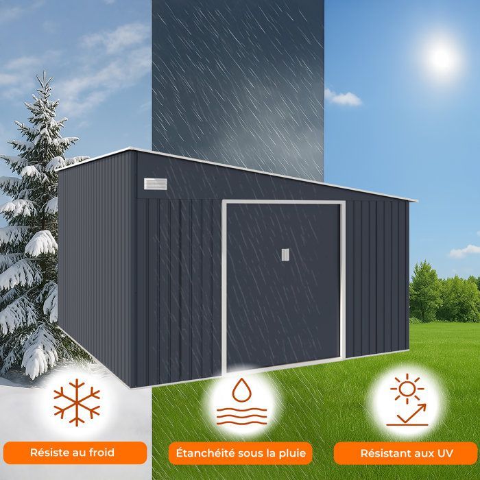Casetta da giardino in metallo 11,01 m² - 342 x 321 x 162 x 210 cm - ASTRO - Kit di ancoraggio incluso, 2 porte scorrevoli - Grigio