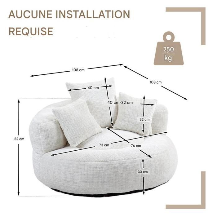 Pouf - LANGTU - High-back beanbag chair - Beige chenille - 108x108x52 cm - 3 cushions