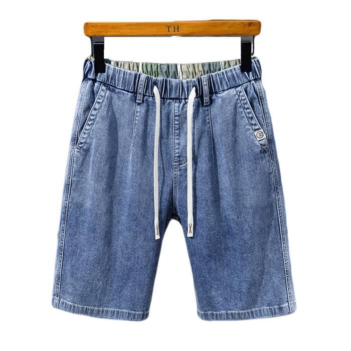 Men's Summer Denim Bermuda Shorts, Plus Size, Elastic Pull-On, Straight Cut, Retro Style - Blue