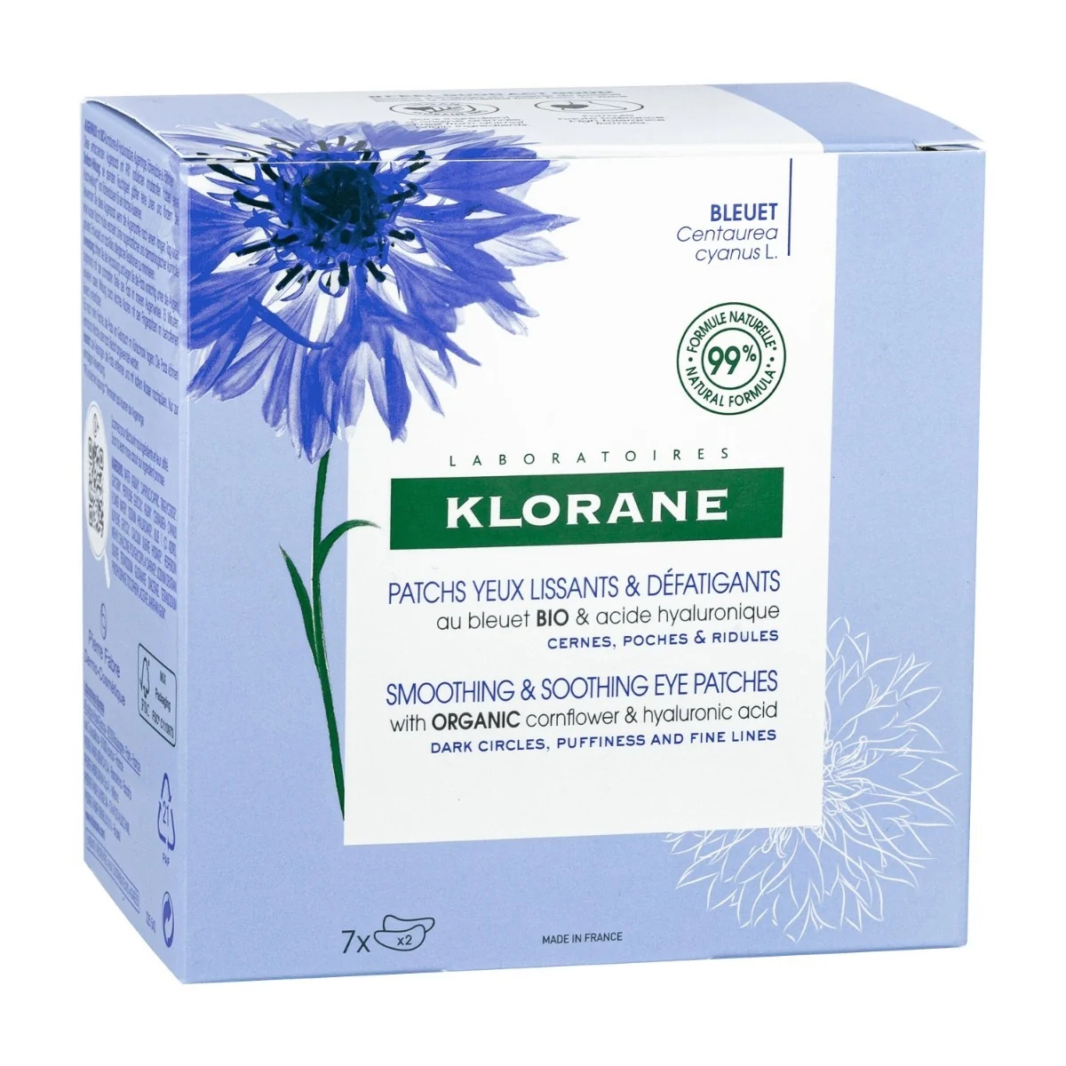 Patchs contour des yeux lissants et anti-fatigue KLORANE à la fleur de bleuet, pour tous types de peau