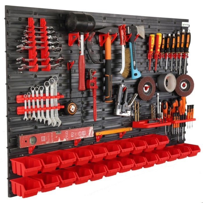 Panel de pared para taller de herramientas de 116x80 cm + 23 asas para contenedores de garaje