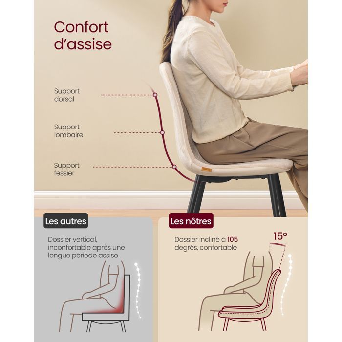 VASAGLE Dining Chairs, Set of 4, Metal Frame, Adjustable Feet, Chenille Fabric, Textured PU Leather, Cream White