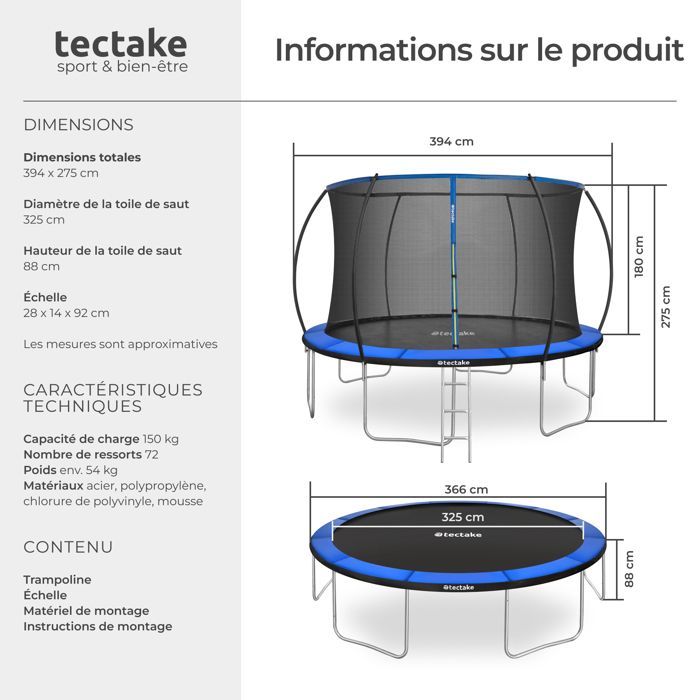 Trampoline - TECTAKE - Trampoline JUMPY en acier avec filet de sécurité 366 cm de diamètre - Noir/bleu