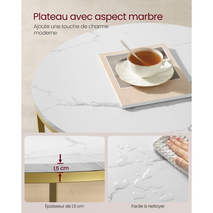 Tavolino da caffè VASAGLE, tavolino da soggiorno, effetto marmo, piano in vetro temperato, facile da montare, marmo bianco e oro chiaro.