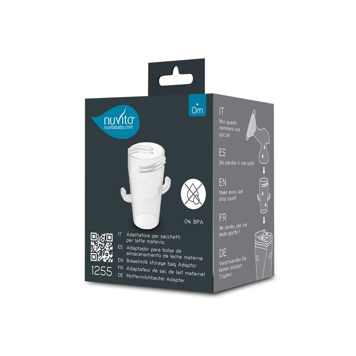 Adaptador para saco de leite materno Nuvita 1255, compatível com todos os modelos de bombas de extração de leite Nuvita.