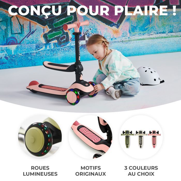 Draisienne 2 en 1 Kinderkraft HALLEY, Vélo et Trottinette 3 Roues, Guidon Réglable, Roues Lumineuses, Design Léger et Moderne, Rose